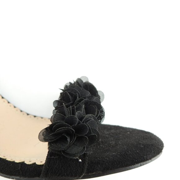 Black Strappy 4" Heels Faux Suede Flower Accents 3 Straps Heel - Picture 5 of 14